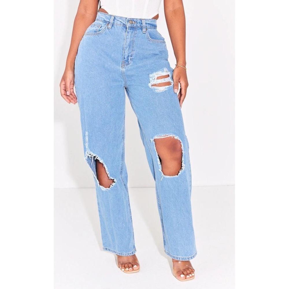 Pretty Little Thing Women's High Waist Ripped Wide Leg Jeans - Lt Wash - US 16